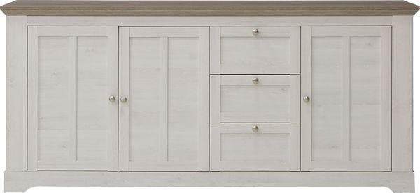Sideboard >ILOPPA< mit 3 Türen und 3 Schubladen, in Nelson / Schnee Eiche Dekor - 204,7x92,5x44,3cm (BxHxT)