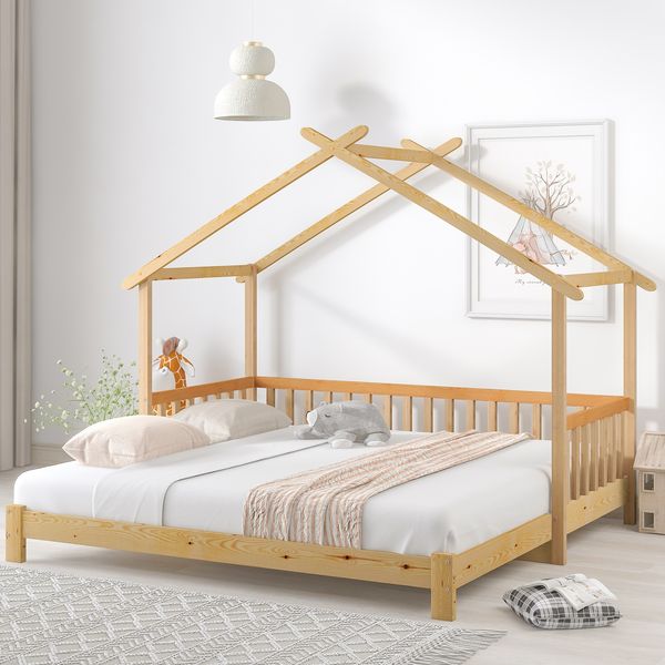 Erweiterbares Hausbett 208x182x170 ausziehbares Kinder- und Tagesbett, reines Massivholz (Kiefer), wandelbar als Einzel- und Doppelbett, natur