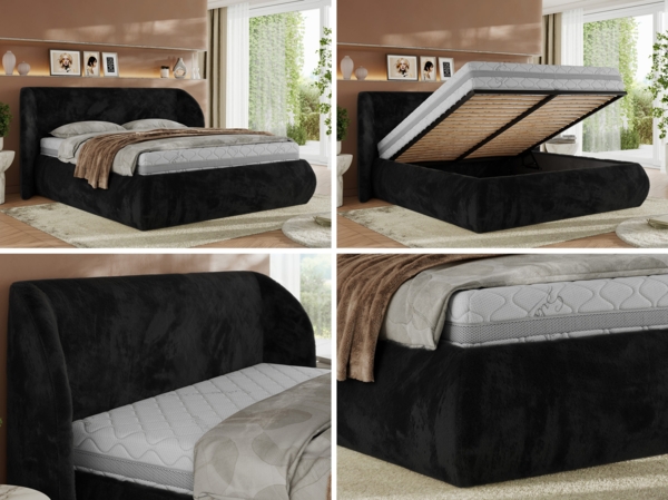 Polsterbett mit Lattenrost, Doppelbett Bettkasten, Bettgestell mit Gasdruckfeder Foam Matratze - CAELA CLASSIC - 200 x 200 cm - Schwarz Plüsch - MIRO LUX Bild 2