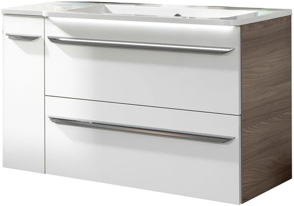 FACKELMANN LUXOR Waschbecken mit Unterschrank 100 cm breit, Weiß/Braun hell, Waschbecken Gussmarmor Weiß + Unterschrank Türanschlag rechts