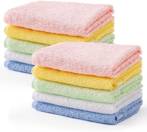 10er Baby Waschlappen Bambusfaser Handtücher 5 Farben 25x25cm mit Haken