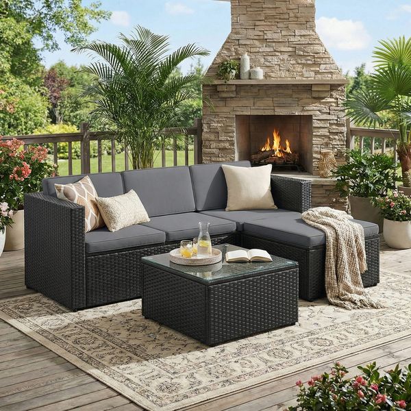 SONGMICS Gartenmöbel-Set mit Kissen und Glastisch, Polyrattan, Schwarz / Grau