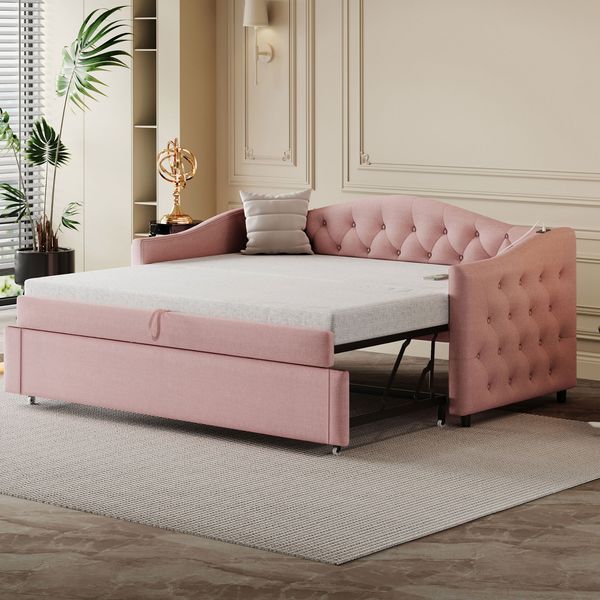 Schlafsofa aus Leinen mit USB-Anschluss & Lattenrost, 90x200 cm, Rosa, ohne Matratze