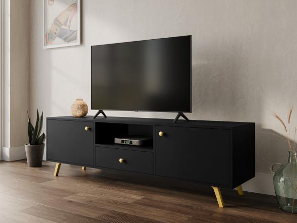 TV-Lowboard Salezto 160 mit 2 Drehtüren und Schublade (Farbe: Schwarz)