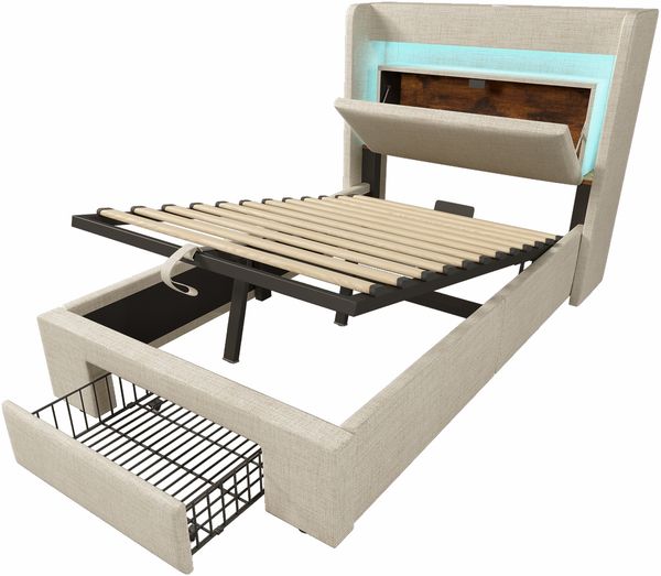 Polsterbett 90×200 cm mit Bettkasten, LED, USB/USB-C und Matratze, Beige Bild 7