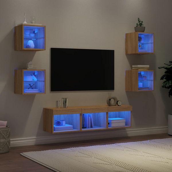 7-tlg. Wohnwand, Schrankwand Wohnzimmer mit LED-Beleuchtung Sonoma-Eiche Holzwerkstoff
