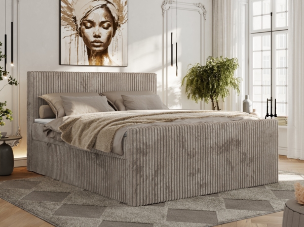 Boxspringbett, Doppelbett mit zwei Bettkästen und hohem Kopfteil aus Cordstoff - TILIANO DUO - 180 x 200 cm - Hellbraun Cord - H4