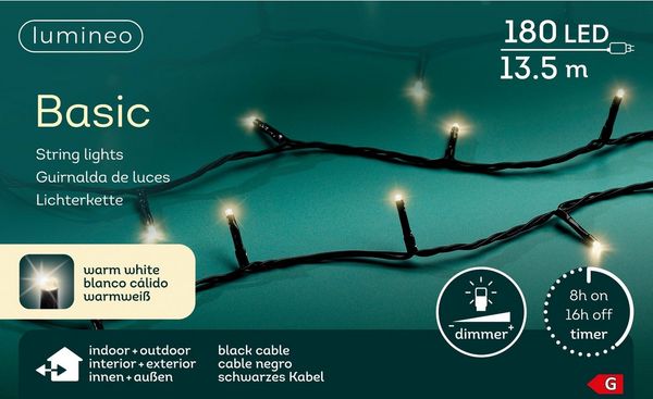 Lumineo LED-Lichterkette Lumineo Lichterkette BASIC 180 LED 13,5 m warm weiß, schwarzes Kabel, Indoor/Outdoor, dimmbar, 8h-Timer, + 5 m Zuleitung
