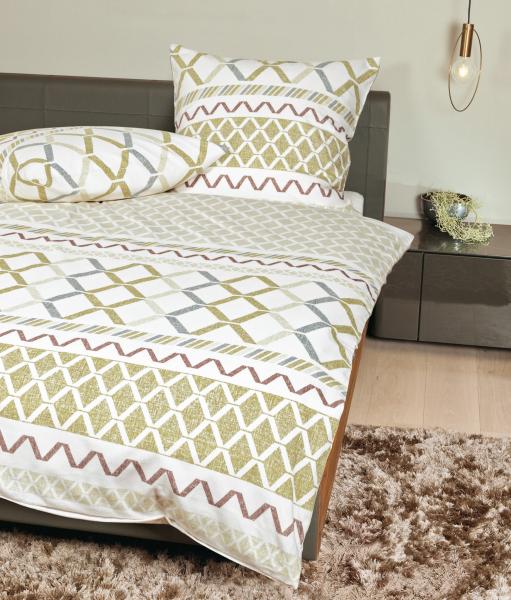 Janine Feinbiber Bettwäsche Davos 155x220 Streifen Zickzack oliv blau 65119-06