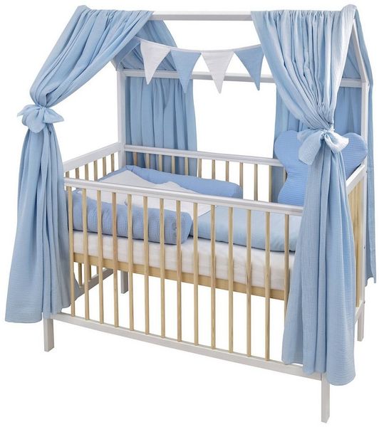 Baby-Delux Komplettbett Hausbett Babybett Komplettset Waffelpique Musselin, 12-tlg, Kinderbett 60x120 cm weiß Natur, Bettset verschiedene Designs