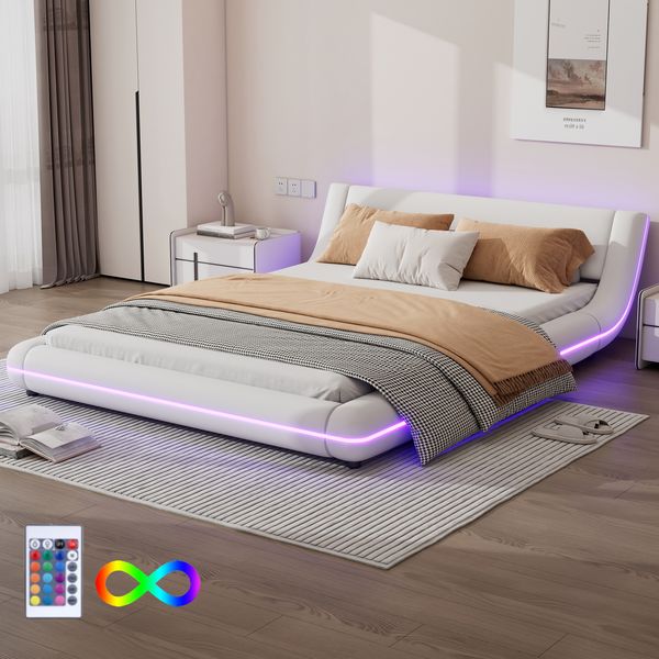 140*200cm Flachbett, Bodenbett, PU, LED-Umgebungslicht, 24-Tasten-Fernbedienung, weiß