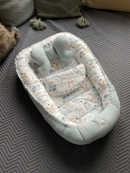 Loolay Bettnestchen Minze WAFFELPIQUE/ HASE Beige Weiß Babynest Babyausstattung, (Reisebett Nestchen SOLO/ o. in PREMIUM Geschenk SETS für Neugeborene, 3-tlg, 4 Jahreszeiten ATMUNGSAKTIVER WAFFELSTOFF Bestseller GESCHENK), LOOLAY® - 100% Europäische St... Bild 2