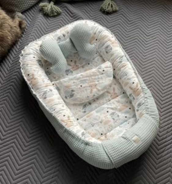 Loolay Bettnestchen Minze WAFFELPIQUE/ HASE Beige Weiß Babynest Babyausstattung, (Reisebett Nestchen SOLO/ o. in PREMIUM Geschenk SETS für Neugeborene, 3-tlg, 4 Jahreszeiten ATMUNGSAKTIVER WAFFELSTOFF Bestseller GESCHENK), LOOLAY® - 100% Europäische St... Bild 6