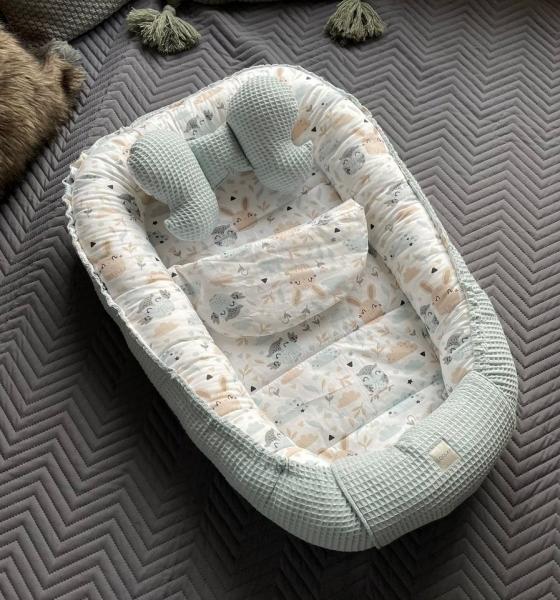 Loolay Bettnestchen Minze WAFFELPIQUE/ HASE Beige Weiß Babynest Babyausstattung, (Reisebett Nestchen SOLO/ o. in PREMIUM Geschenk SETS für Neugeborene, 3-tlg, 4 Jahreszeiten ATMUNGSAKTIVER WAFFELSTOFF Bestseller GESCHENK), LOOLAY® - 100% Europäische St... Bild 1