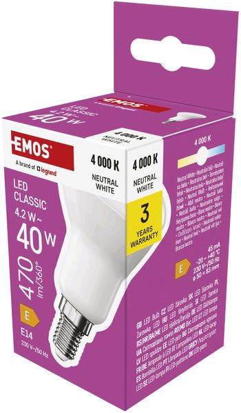 EMOS LED Lampe Reflektor-Form, 4,2W Ersatz für 40W Glühbirne, R50 Scheinwerfer-Birne mit E14 Sockel, Helligkeit 470 lm, Neutralweiß 4000 K, 30000 h Lebensdauer, CRI min. 80, 120° Abstrahlwinkel