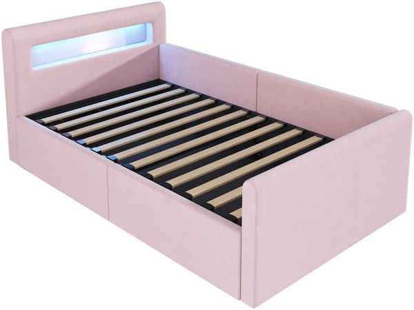 Polsterbett 90×200 cm mit hydraulischem Bettkasten, LED und USB, Rosa Bild 6