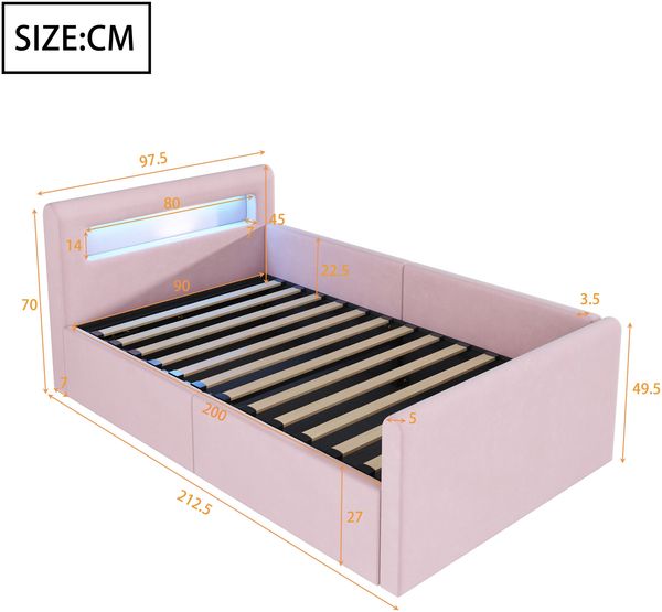 Polsterbett 90×200 cm mit hydraulischem Bettkasten, LED und USB, Rosa Bild 5