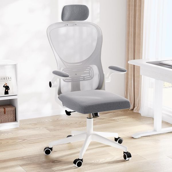 Jocoevol Ergonomischer Bürostuhl mit Mesh Netzbezug, Schreibtischstuhl mit Wippfunktion & Verstellbaren Armlehnen, Kopf- & Lendenwirbelstütze, für Büro, Home-Office, Studenten, Grau