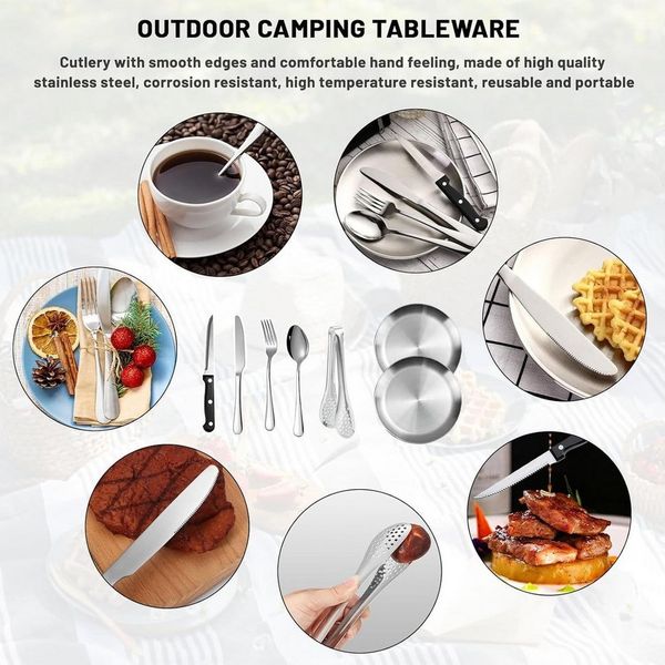 Forrlite Besteck-Set Besteck Set für 2 Personen, 10 teiliges Camping Geschirr Set, Tafelmesser, Essenslöffel, Teegabeln, Aufbewahrungsbeuteln