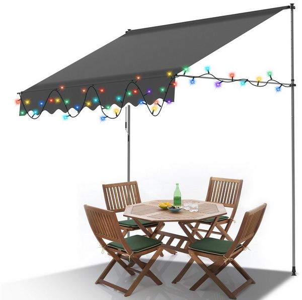Clanmacy Klemmmarkise Klemmmarkise mit LED 250cm Balkonmarkise Markise mit Handkurbel Grau