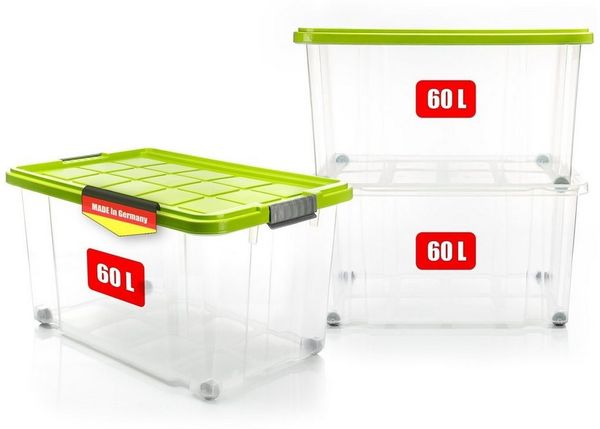 BigDean 3 Stück 60 L Aufbewahrungsbox mit Deckel groß limegrün - stapelbare robuste Box - rollbare Stapelbox mit festen Klickverschlüssen - Made in Germany