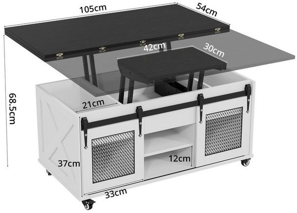 VOWNER Couchtisch 3-in-1 Wohnzimmertisch mit Rollen & Versteckaufbewahrung (1-St), Höhenverstellbarer Esstisch, Bauernhausstil