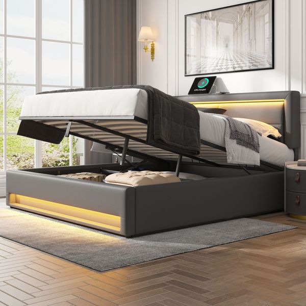 Polsterbett 160x200 cm aus PU in Grau, mit USB, LED, Bettkasten, Lattenrost, ohne Matratze