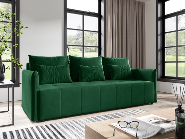 Schlafsofa Leno - Sofa mit Schlaffunktion und Bettkasten, Bettsofa mit Wellenfeder, Bettfunktion, Couch vom Hersteller, Couchgarnitur, Velours (Grün (Kronos 19))