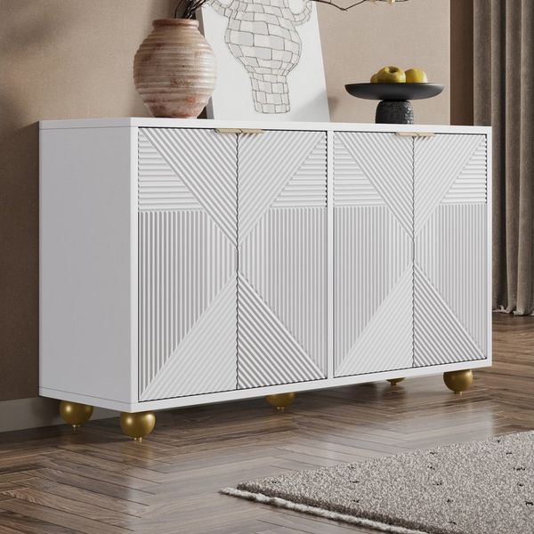 STILVORA Sideboard Aufbewahrungsschrank Buffetschrank mit verstellbaren Einlegeböden (Sideboard mit 4 Türen, Gravierte Front, 120 × 35 × 71,5 cm, MDF, verstellbare Innenböden), Metallgriffe, kugelförmige & verstellbare Beine, stabil & langlebig