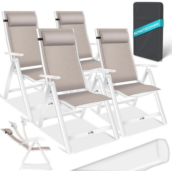 KESSER® Gartenstuhl Hochlehner mit Armlehnen | Aluminium Klappstuhl inkl. Kopfkissen Campingstuhl 7-Fach Verstellbar Rückenlehne | Atmungsaktiv & Wetterfest | Klappbar & Anti-Rutsch 4 Stück, Taupe