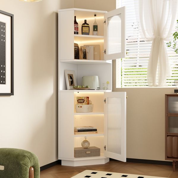 Badschrank 45 x 45 x 166,5 cm mit Lichtleiste und Glastür – Eckschrank aus MDF in Weiß