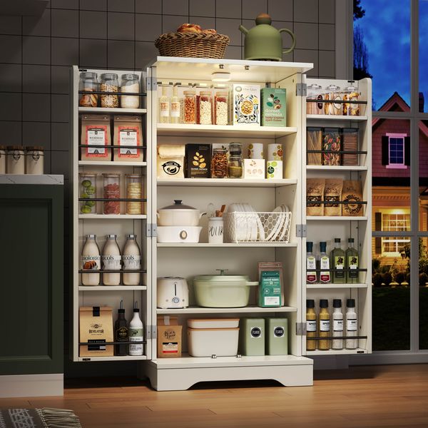 Hochschrank MDF LED-Sensorlicht Küchen- Schrank Aufbewahrung minimalistisch Wohnzimmer,Weiß