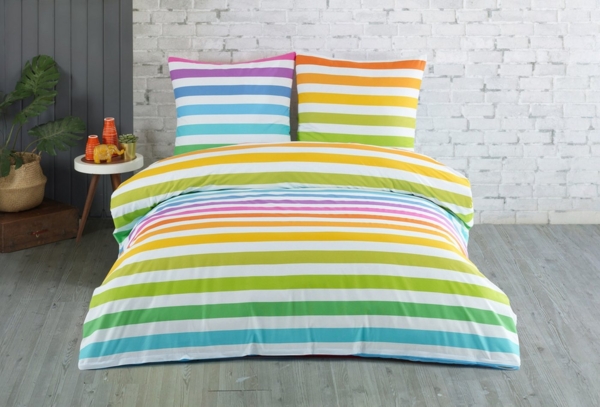 Buymax Bettwäsche Regenbogen, Rainbow, 100% Baumwolle Renforce, 4 teilig, 135x200 cm, mit Reißverschluss, Gestreift, Streifen Bunt Rot Weiß Gelb
