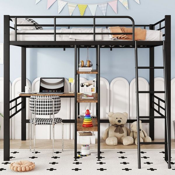 Flieks Hochbett Metallbett Kinderbett 90x200cm mit Schreibtisch Regale Geländer Leiter
