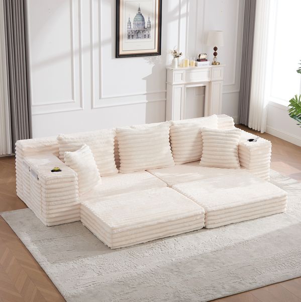 Schlafsofa 273 x 98 x 87 cm aus Cord in Beige – mit hoher Rückenlehne, Seitentaschen und Getränkehaltern