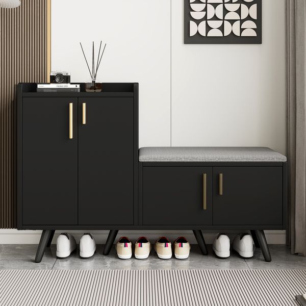 Schuhschrank mit Sitzpolster & Stauraum, 120 x 34 x 82 cm, Schwarz/dunkle Walnuss