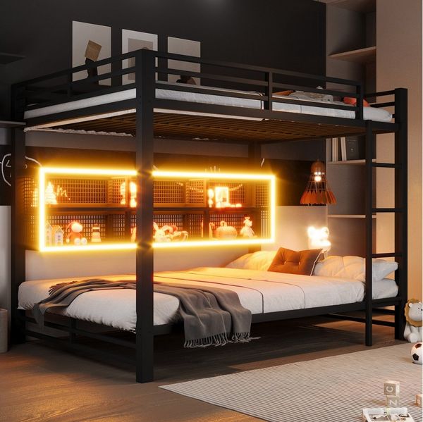 Merax Etagenbett 140x200cm mit LED-Beleuchtung (204 x 146 x 160 cm, 1-St, Jugendbett Stockbett Doppelbett), Metallbett Kinderbett mit 6 Stauraumschränken, Leiter, Zaun & Stauraum