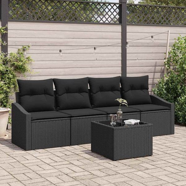vidaXL Sofa Set mit Kissen mit Kissen 5 pcs Schwarz Poly Rattan 3346593