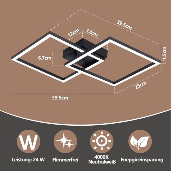 ZMH LED Deckenleuchte Wohnzimmer 2 Rahmen Schwarz Quadratisch Deckenlampe Modern 3000/4000K, Augenschutz, Einfache Installtion, LED fest integriert, Warmweiß, 24W Esszimmerlampe Eckig für Kinderzimmer