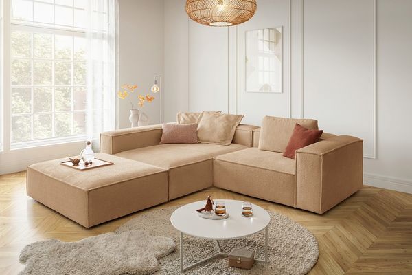 KAWOLA Sofa CARMO Ecksofa Stoff creme mit Hocker Recamiere links 68 x 191 x 306 cm