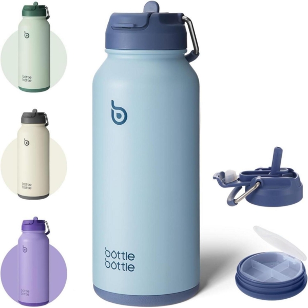 Edelstahl Trinkflasche 1L Strohhalm Thermoskanne Sport Isolierflasche