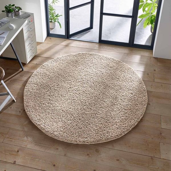 TaCa Home Langflor-Teppich Shaggy Teppich Langflor, rund, Höhe: 35 mm, Wohnzimmer Schlafzimmer Kinderzimmer, Beige - 80 cm rund