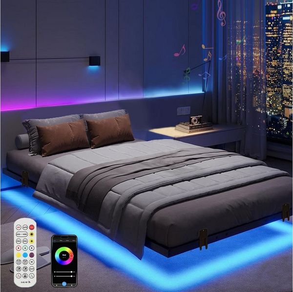 oyajia Bettgestell Doppelbett 140x200cm mit Lattenrost, Schwebebett Gestell mit LED Licht, Modernes Metallbett, Ganzmetall-Stützsystem, einfache Montage, Schwarz