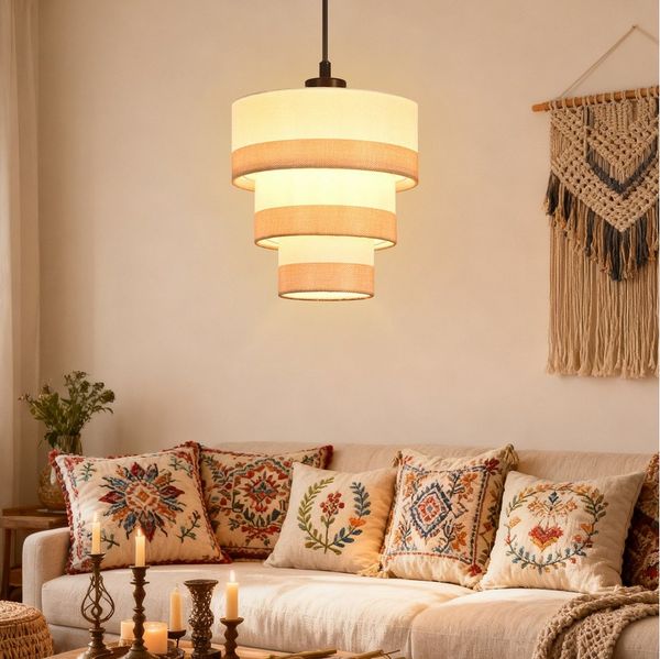 Nettlife Pendelleuchte Vintage 1/3/4-flammige Stoff Weiß E27 Fassung Hängeleuchte, Höhenverstellbar, ohne Leuchtmittel, für Esszimmer, Küche, Bar, Wohnzimmer, Arbeitszimmer, Schlafzimmer