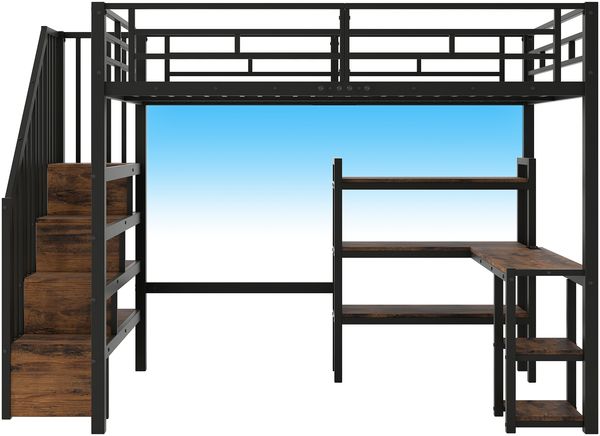 140x200 Metall-Hochbett mit Treppe, integriertem Schreibtisch, Staufächern, USB-Ladestation und LED-Licht, Schwarz