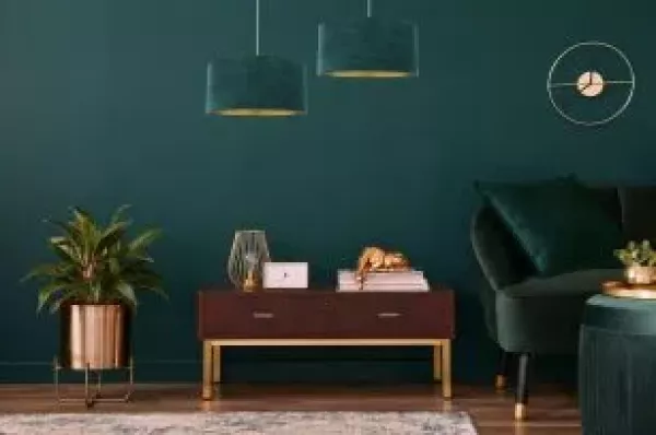 BPS Koncept 0E0-160-50 Hängeleuchte GLAMOUR Velourss strukturiert auf PVC-Basis grün, gold 1xE27 60W H:107 Ø50cm dimmbar