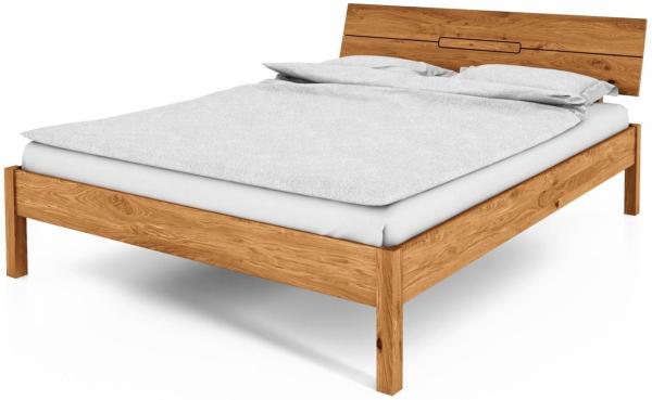 Bett Bento 4 Sonderlänge 140x220 Wildeiche massiv Holzkopfteil und Holzbeine