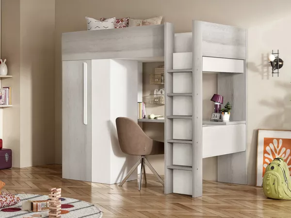Vente-unique - NICOLAS Bett Holz, Platte GrauWeiß - B 110 cm x H 183,1 cm x L 205,2 cm