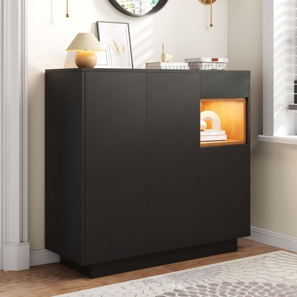 Schuhschrank 105 x 39,5 x 100,5 cm, schwarz/natur, mit Schublade, LED und verstellbaren Einlegeböden