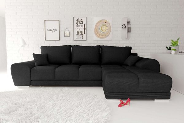 99rooms Antalya Ecksofa Cordstoff POSO Schwarz Rechts mit Schlaffunktion